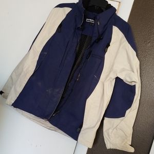Blue and khaki outer shell